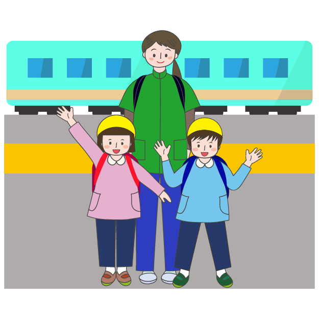 かわいい！電車に乗って  遠足♪　先生と子供の 無料 イラスト