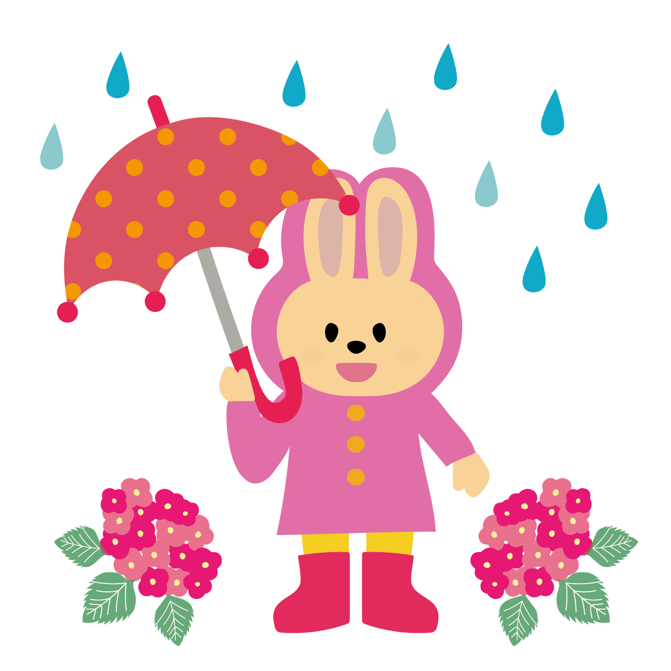 ピンクのレインコートを着たうさぎのイラスト【梅雨】