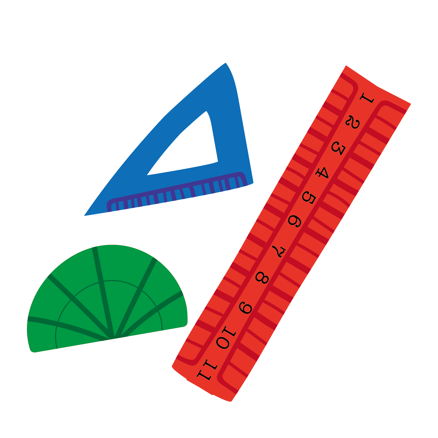カラフルな定規・分度器・三角定規の 無料 イラスト