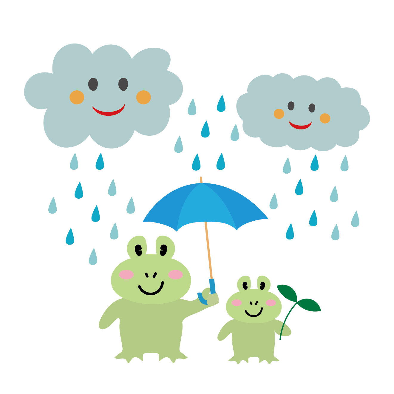 梅雨の日のカエルの親子の　無料（フリー）イラスト