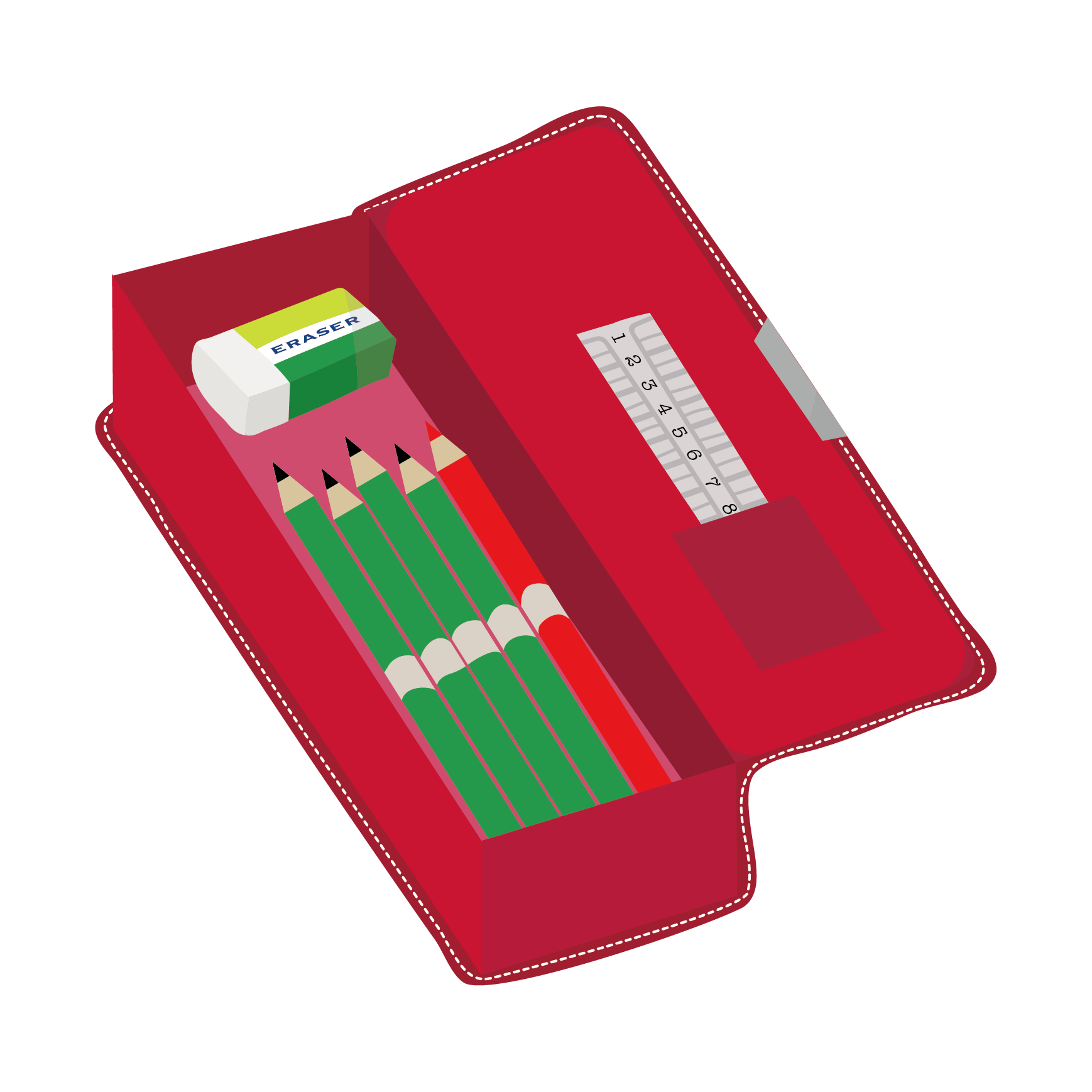 赤の 筆箱（ペンケース）と鉛筆と消しゴムと赤鉛筆 の フリー イラスト | 商用フリー(無料)のイラスト素材なら「イラストマンション」