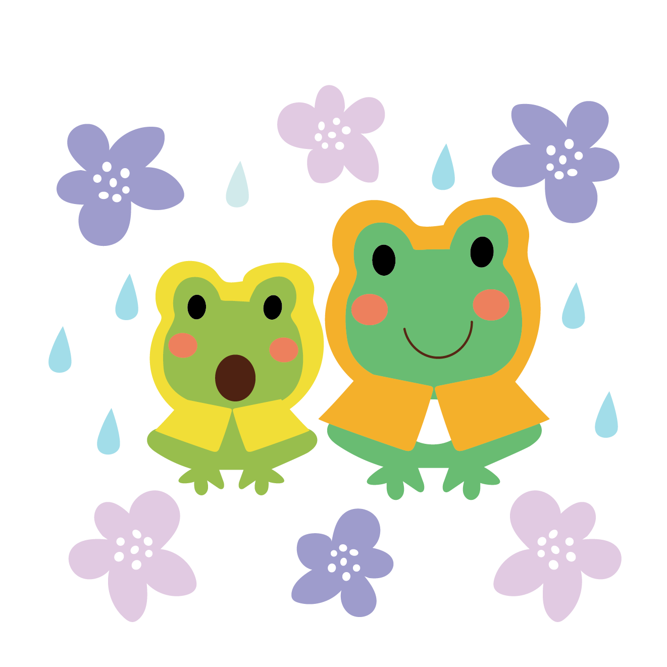レインコートを着た カエル（蛙）の親子のイラスト【梅雨】