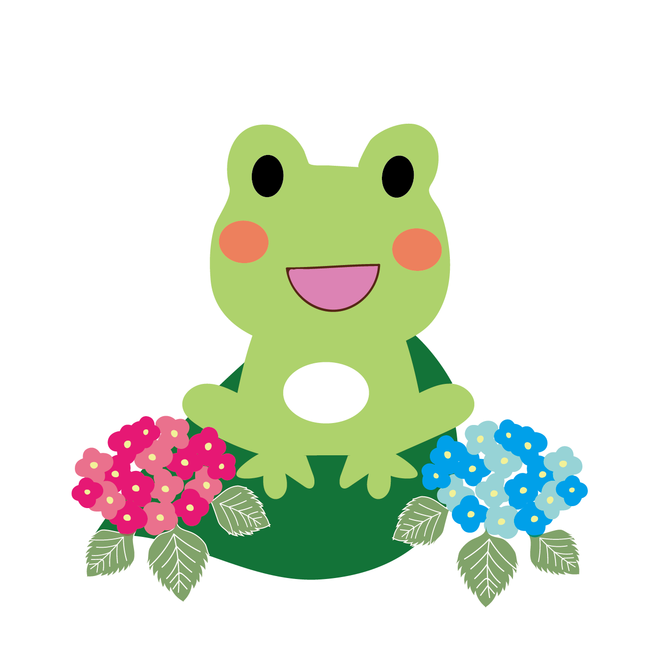 ニコニコ蛙（カエル）と紫陽花のイラスト【梅雨】