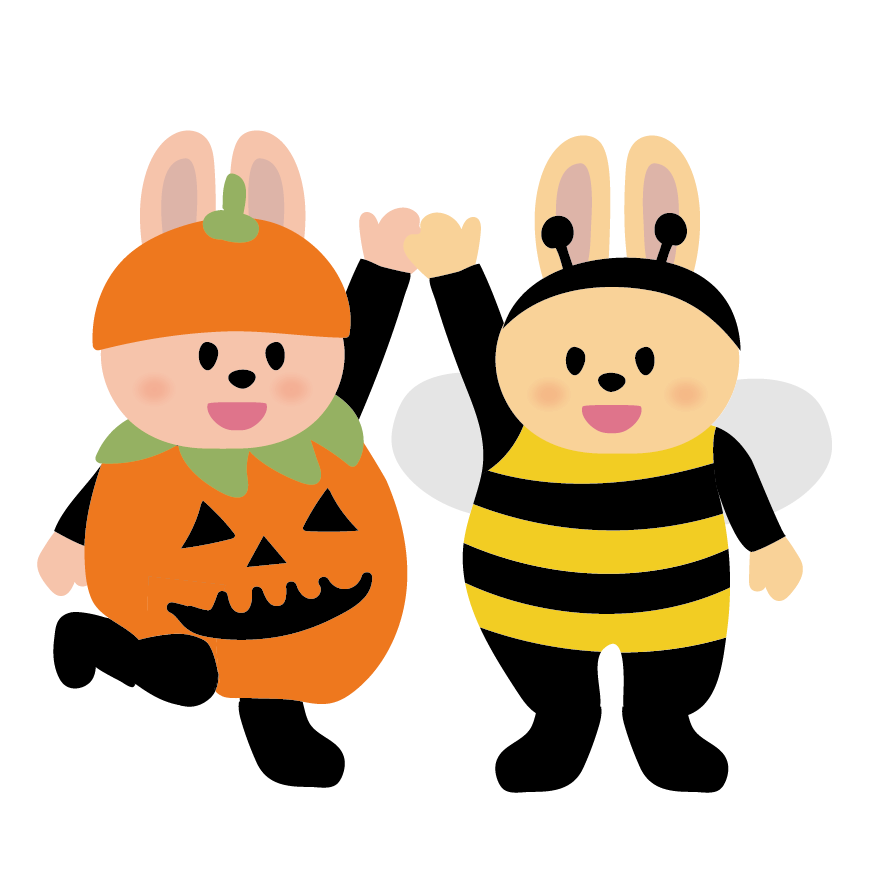 ハロウィン♪ かわいい子供 うさぎのカボチャとハチの仮装 無料 イラスト