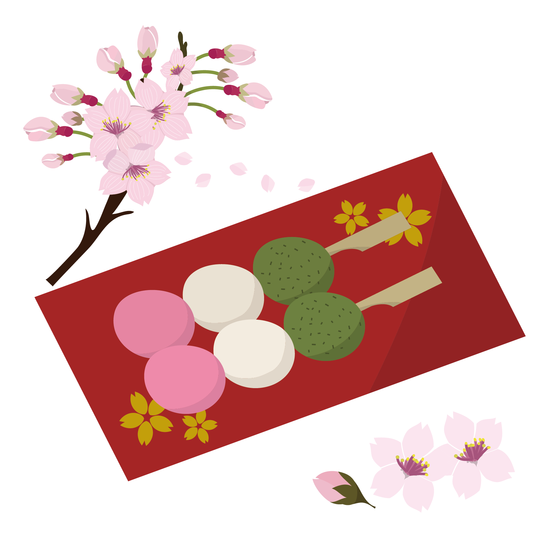 器にのった三色団子と桜♪のイラスト