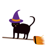 ハロウィン　ホウキに乗った魔女猫（ネコ）の無料 イラスト