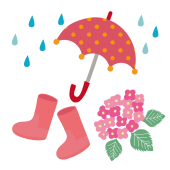 雨と傘と、長靴（レインブーツ）と紫陽花のイラスト・赤【梅雨】